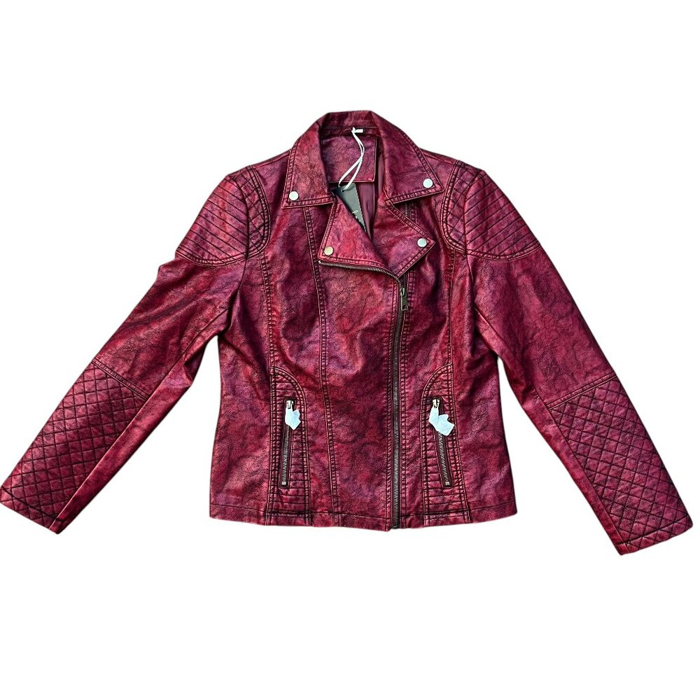 NWT Giolshon Red Faux Leather Moto Jacket Quilted Biker Women L